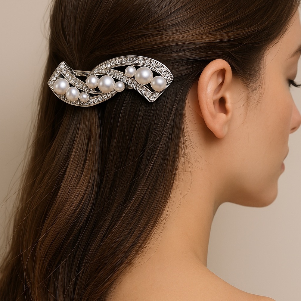 Hair Clip Faux Pearl and Rhinestone French clip 3.5” long New